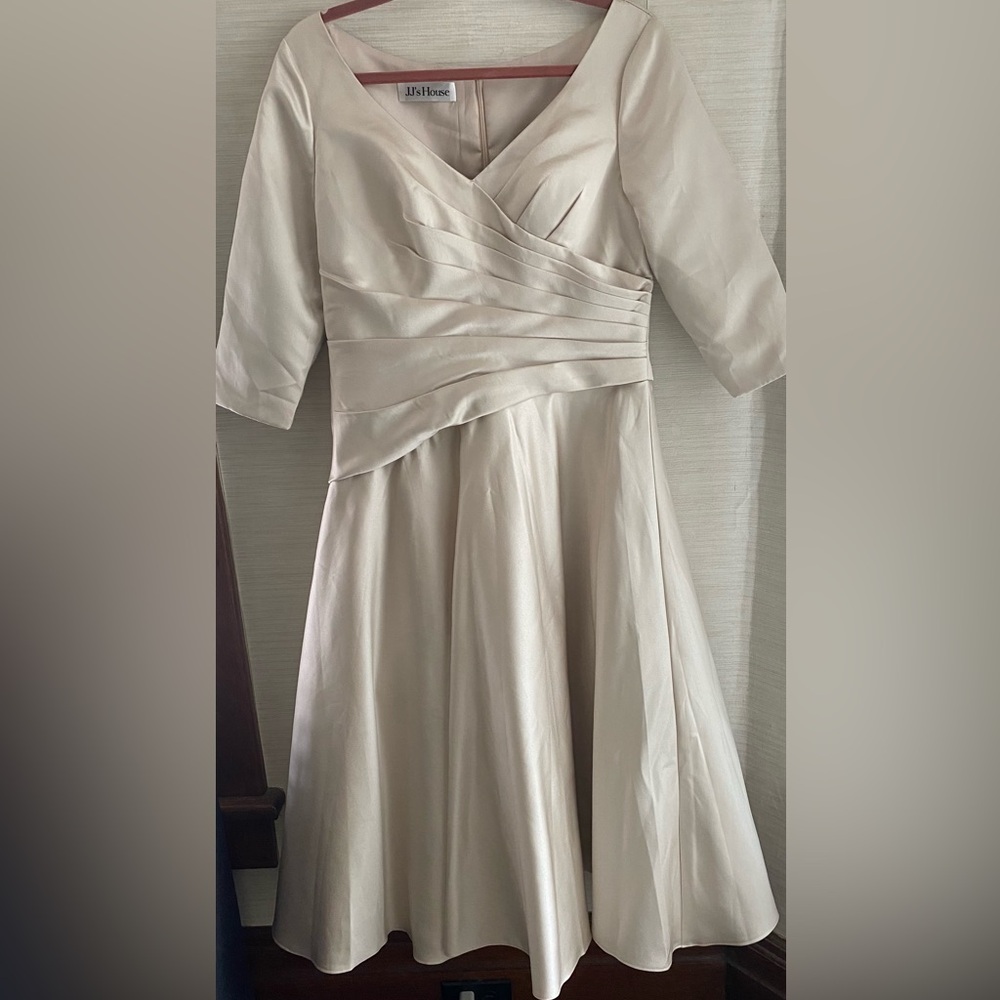 Mother of the Bride Tea Length V Neck Satin Dress - Picture 2 of 12